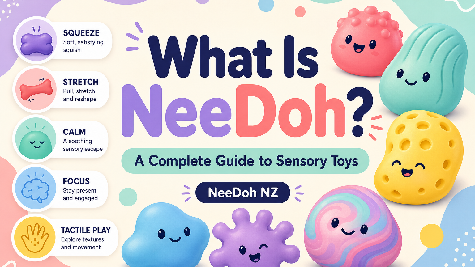 What Is NeeDoh? A Complete Guide to NeeDoh Sensory Toys 1 Illustrated NeeDoh sensory toy guide with colorful squishy shapes and tactile-play callouts.
