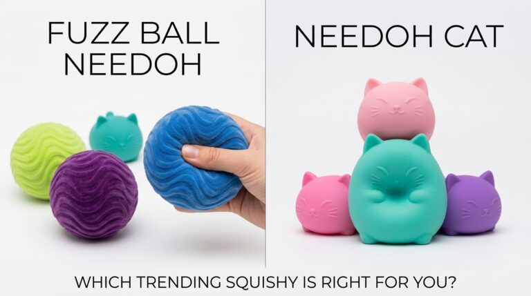 Fuzz Ball NeeDoh vs NeeDoh Cat: Which Trending Squishy Is Right for You? 1 Side-by-side comparison of trending sensory toys: Fuzz Ball NeeDoh (textured, dough-like ball being squished by a hand) and NeeDoh Cat (colorful, cat-shaped squishies in a stack, with one being squeezed).