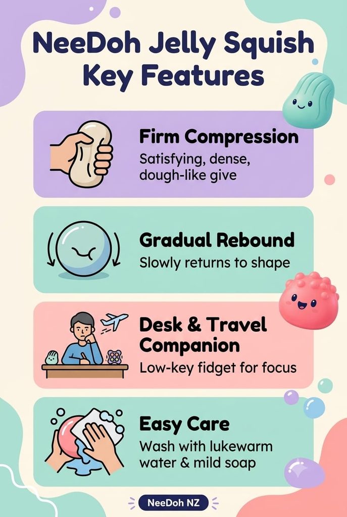 NeeDoh Jelly Squish NZ: Texture, Sensory Benefits & Care Tips 1 Infographic detailing NeeDoh Jelly Squish key features including firm compression, gradual rebound, and care instructions